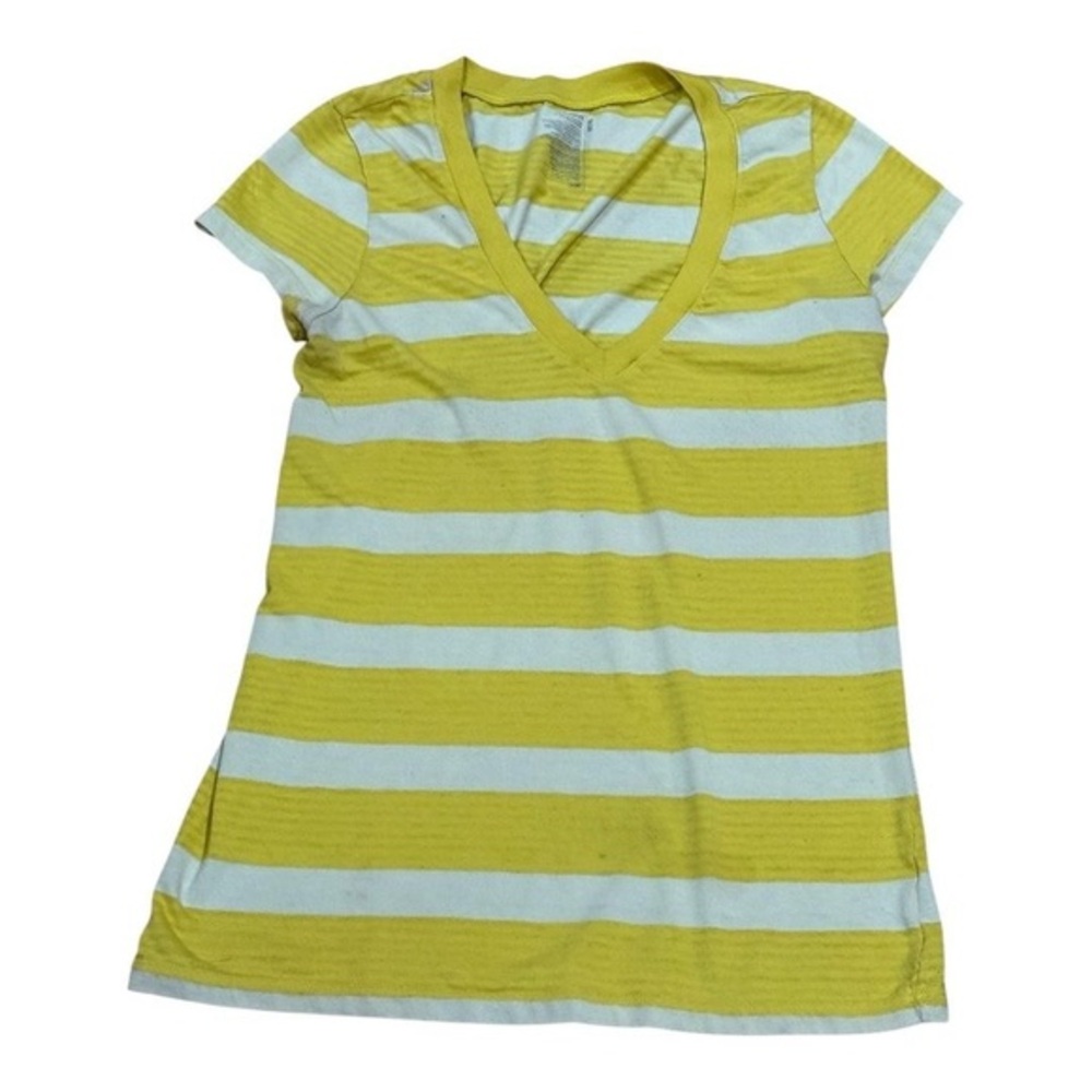 Old Navy Shirt Womens Medium Yellow White Striped V-Neck Short Sleeve Tee Casual
